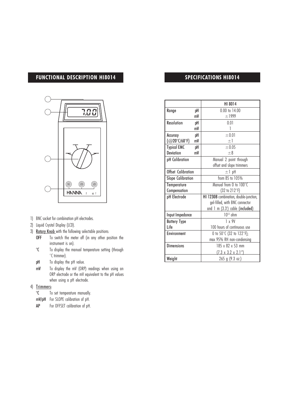 Functional description hi8014, Specifications hi8014 | Hanna Instruments HI 8014 User Manual | Page 3 / 15