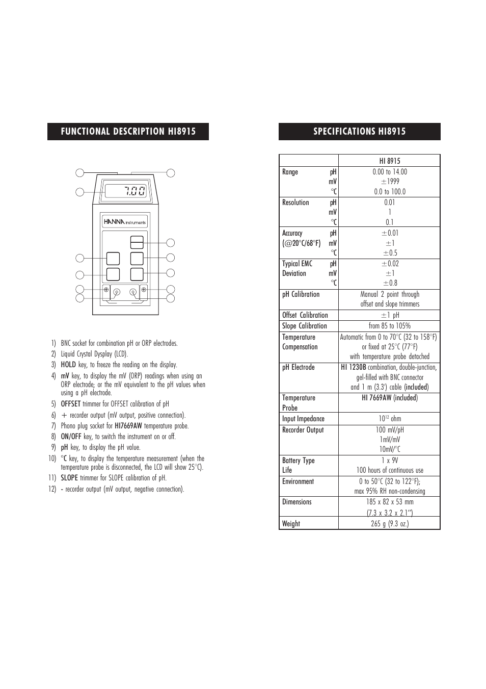 Functional description hi8915, Specifications hi8915 | Hanna Instruments HI 8014 User Manual | Page 4 / 15