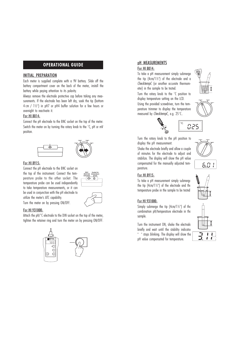 Operational guide, Initial preparation, Ph measurements | Hanna Instruments HI 8014 User Manual | Page 6 / 15