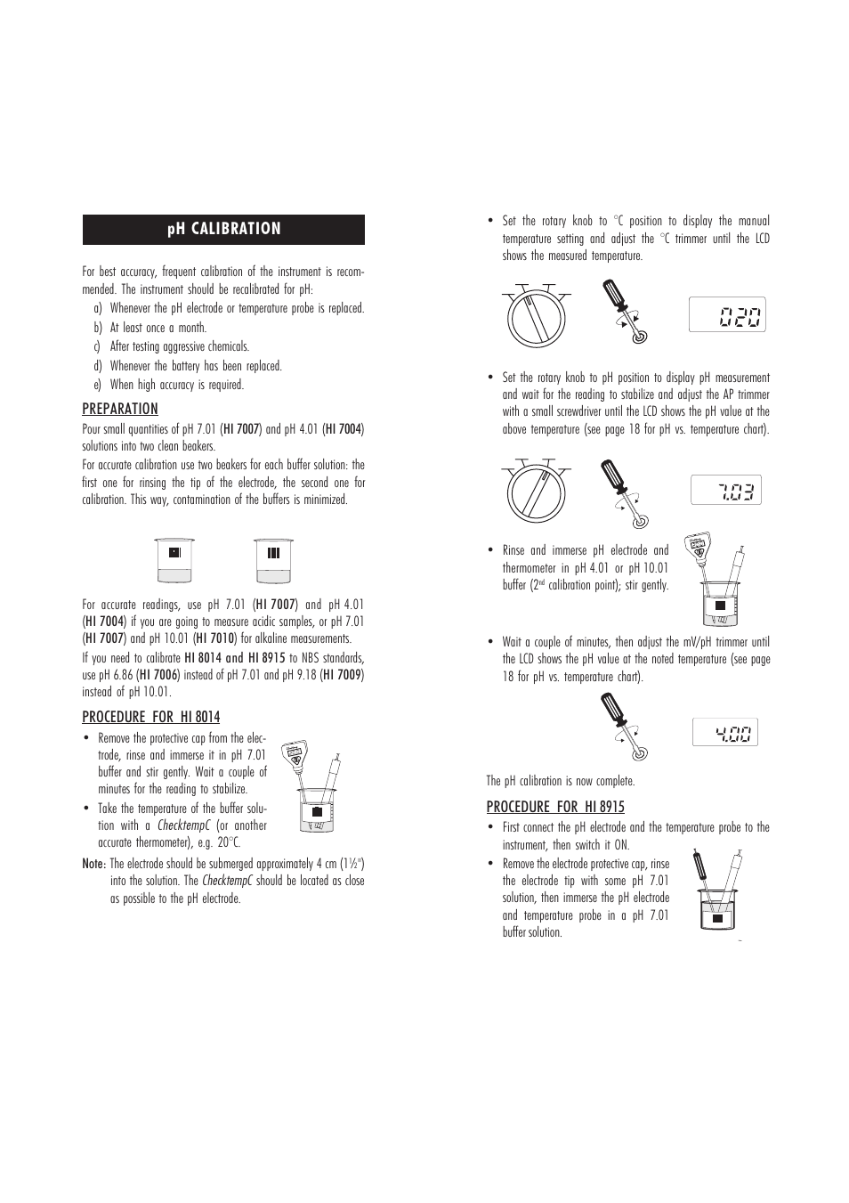 Ph calibration, Preparation, Procedure for hi 8014 | Procedure for hi 8915 | Hanna Instruments HI 8014 User Manual | Page 8 / 15