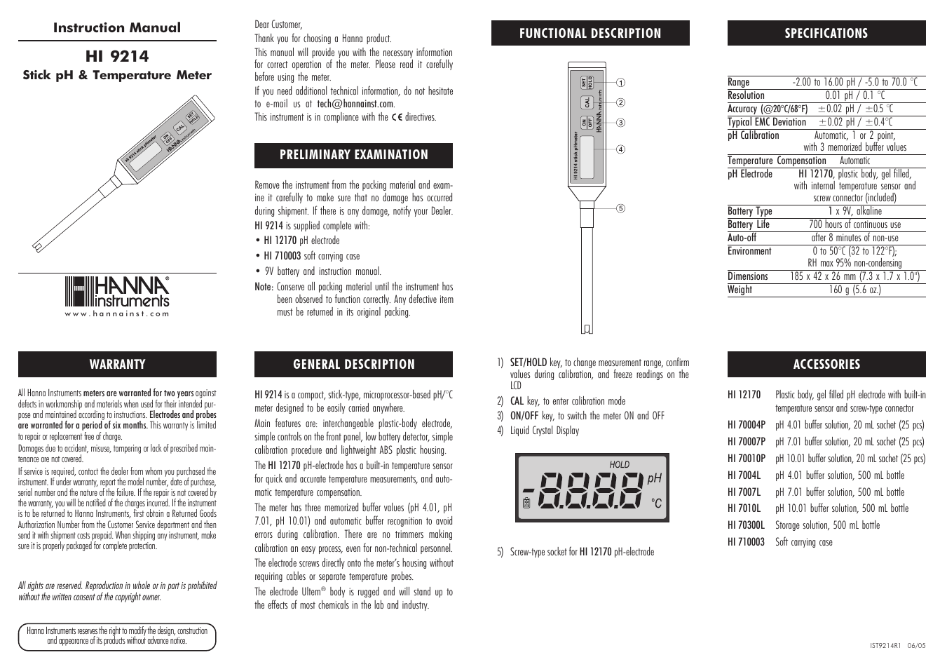 Hanna Instruments HI 9214 User Manual | 2 pages