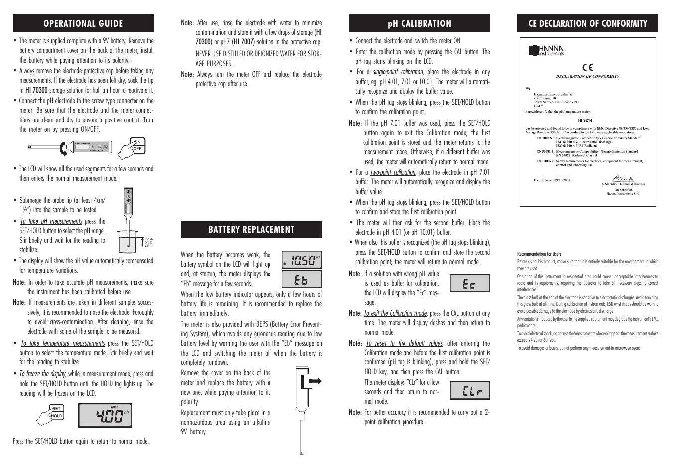 Hanna Instruments HI 9214 User Manual | Page 2 / 2
