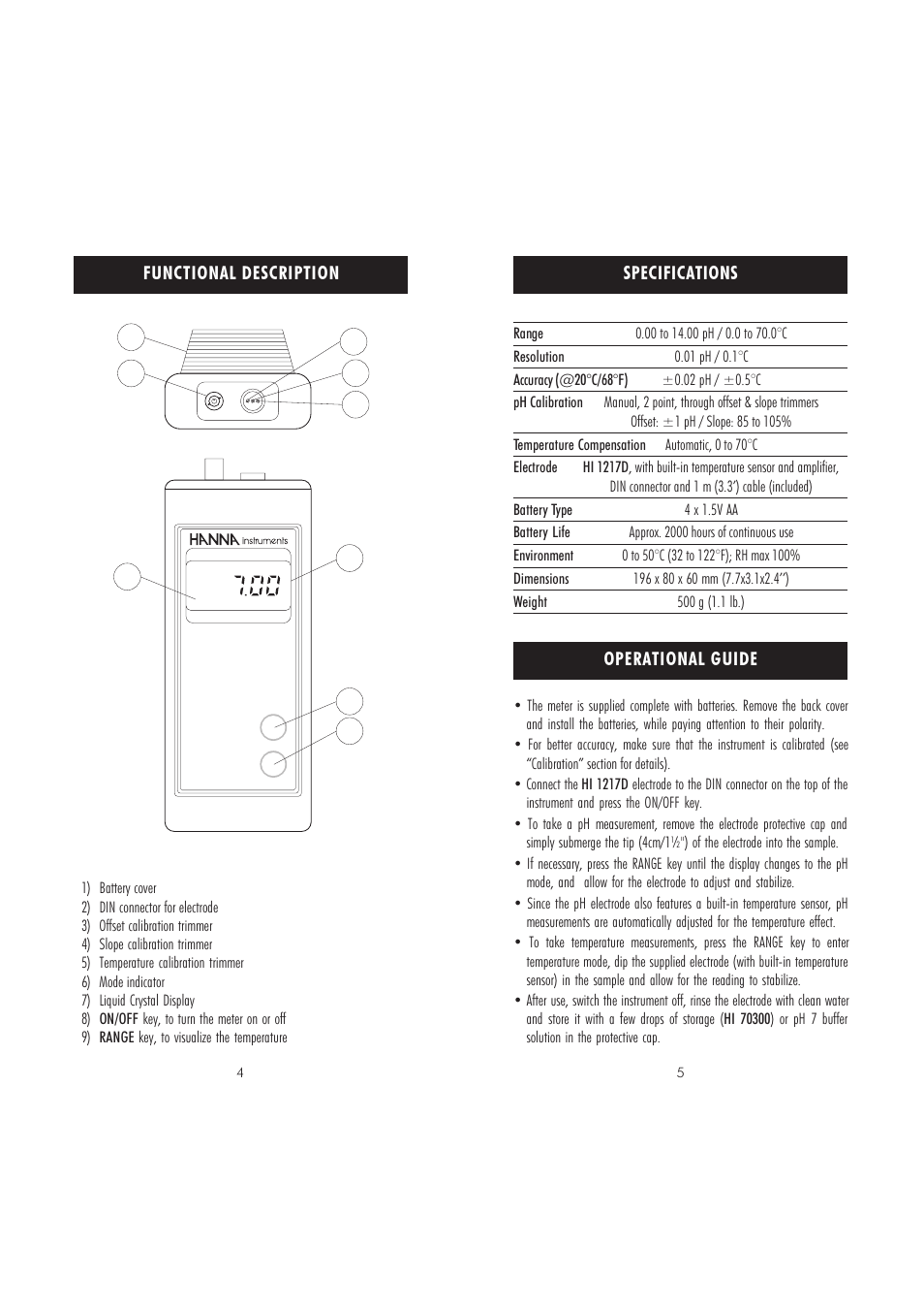 Functional description specifications, Operational guide | Hanna Instruments HI 9210N User Manual | Page 3 / 7