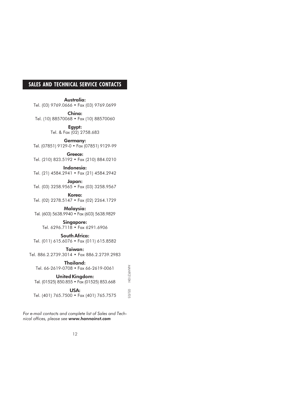 Sales and technical service contacts | Hanna Instruments HI 9210N User Manual | Page 7 / 7