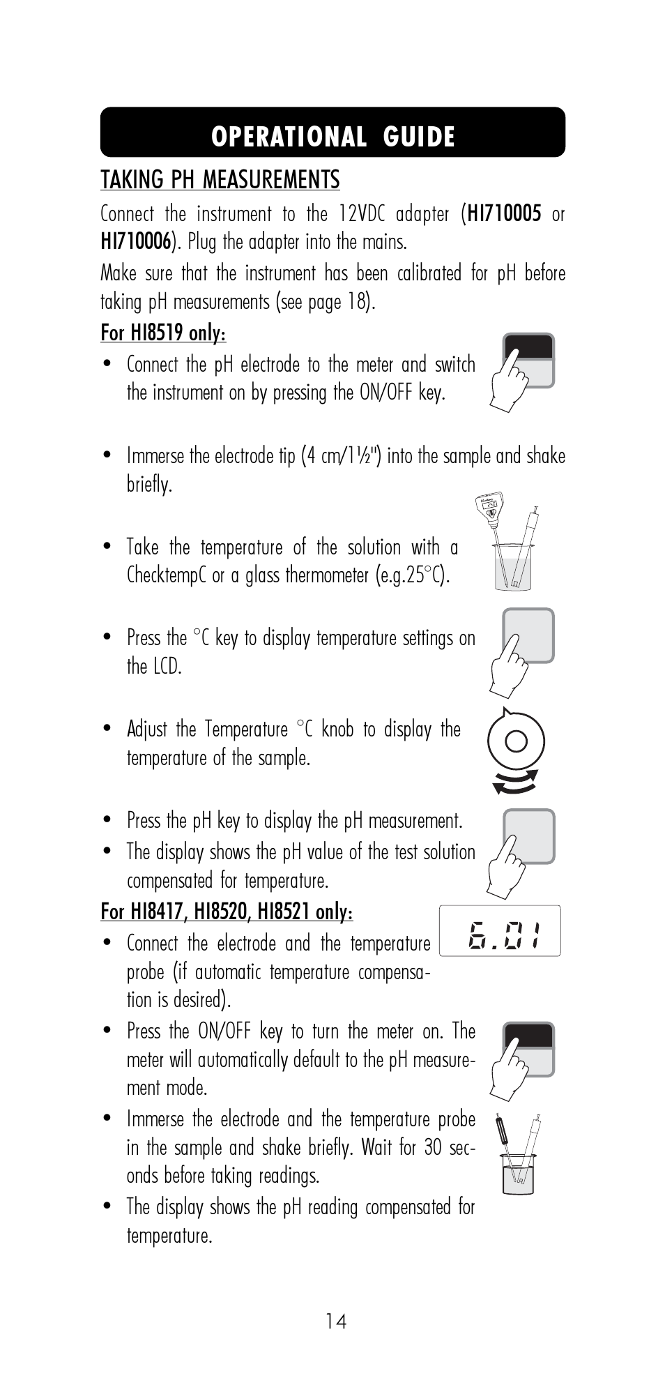 Operational guide, Taking ph measurements | Hanna Instruments HI 8521 User Manual | Page 14 / 40