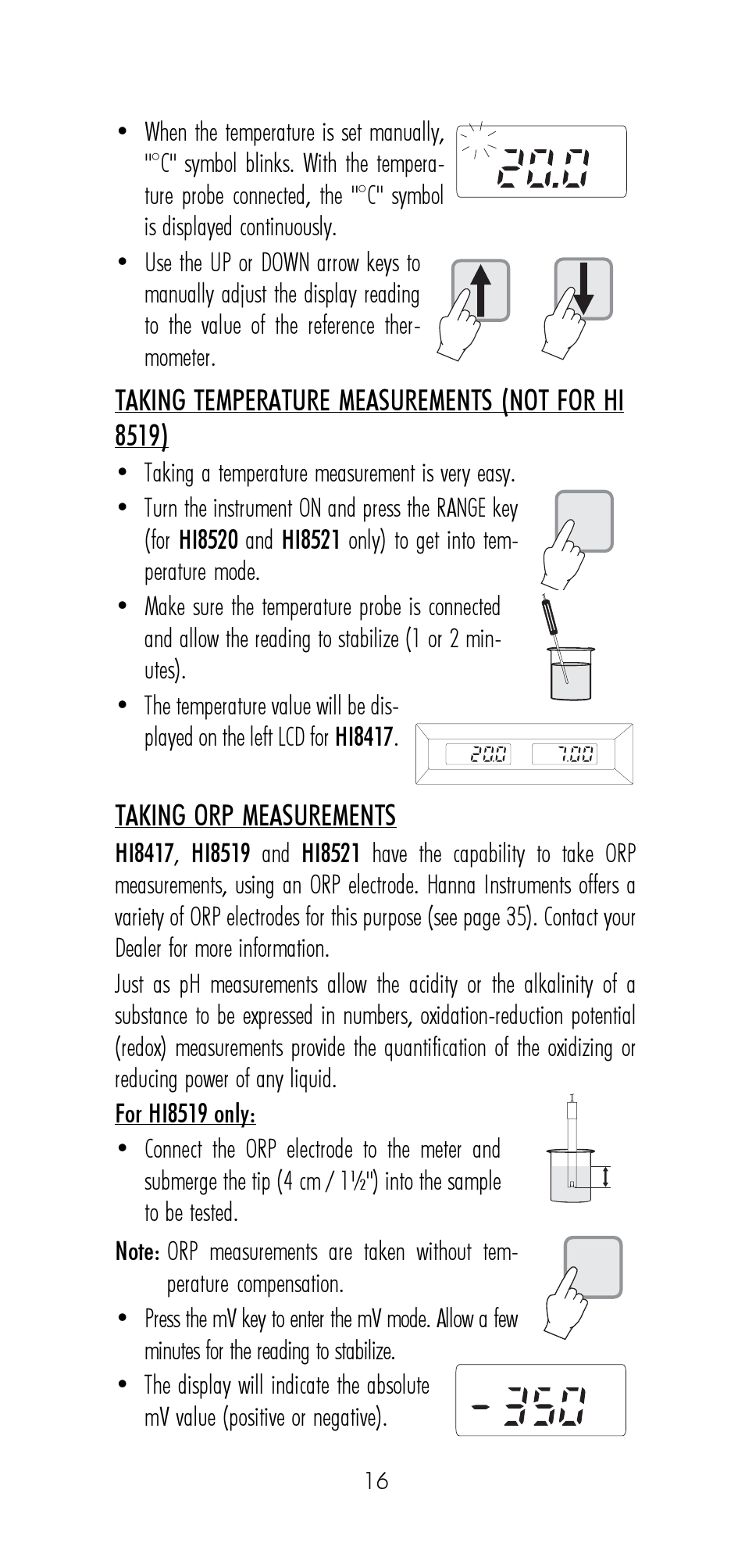 Taking temperature measurements (not for hi 8519), Taking orp measurements | Hanna Instruments HI 8521 User Manual | Page 16 / 40