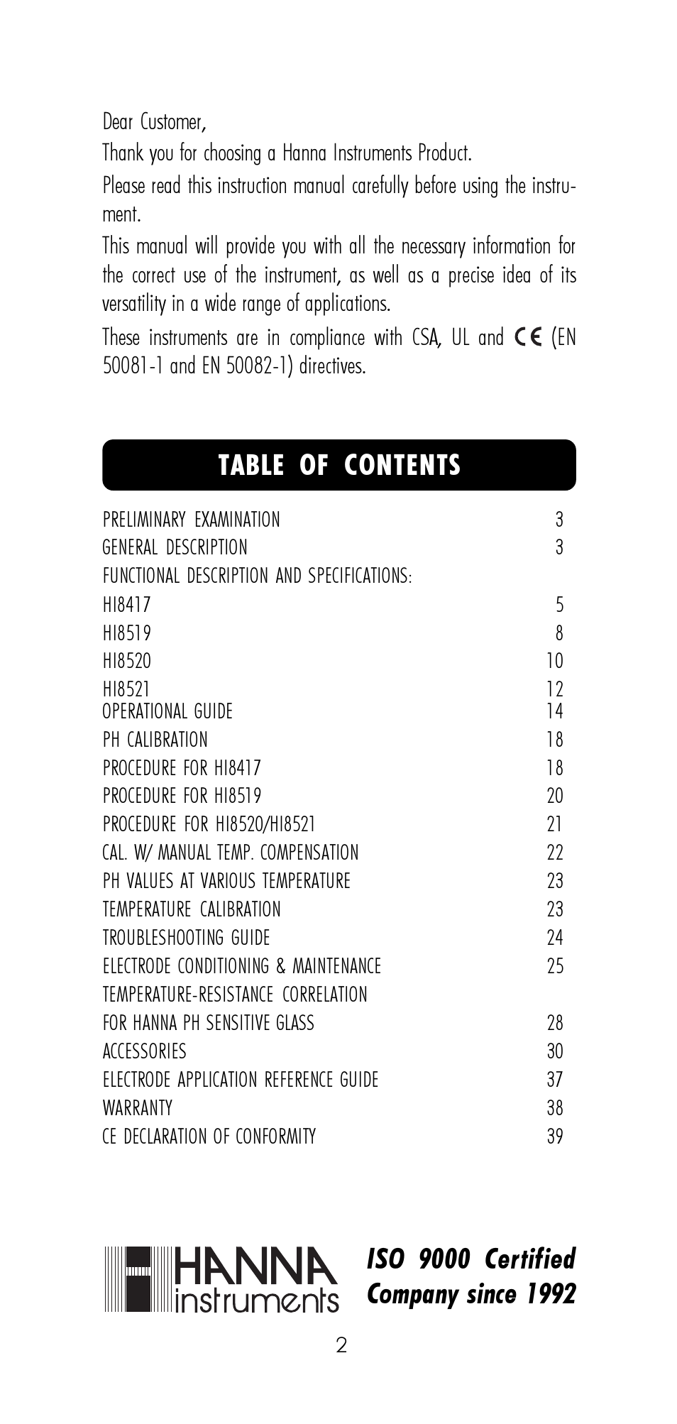 Hanna Instruments HI 8521 User Manual | Page 2 / 40