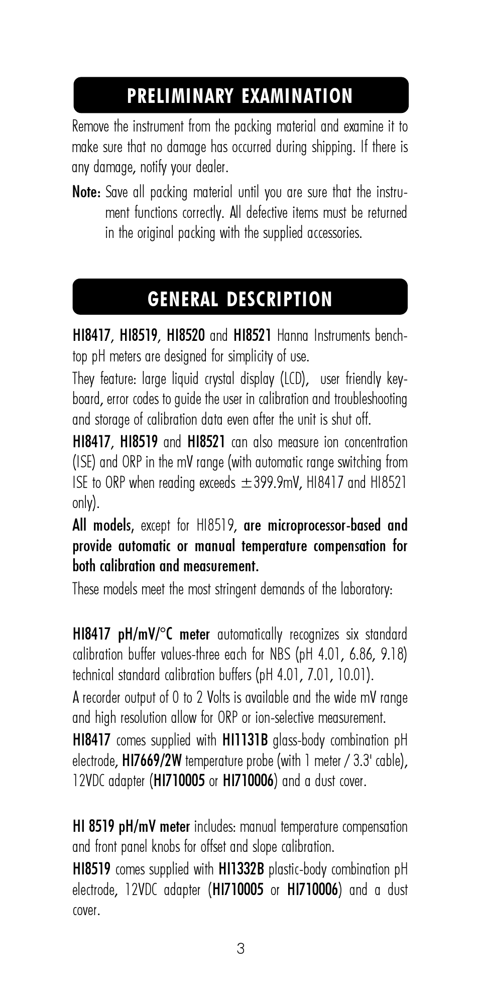 General description preliminary examination | Hanna Instruments HI 8521 User Manual | Page 3 / 40