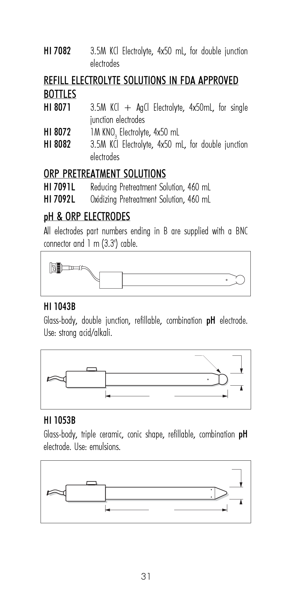 Orp pretreatment solutions, Ph & orp electrodes | Hanna Instruments HI 8521 User Manual | Page 31 / 40
