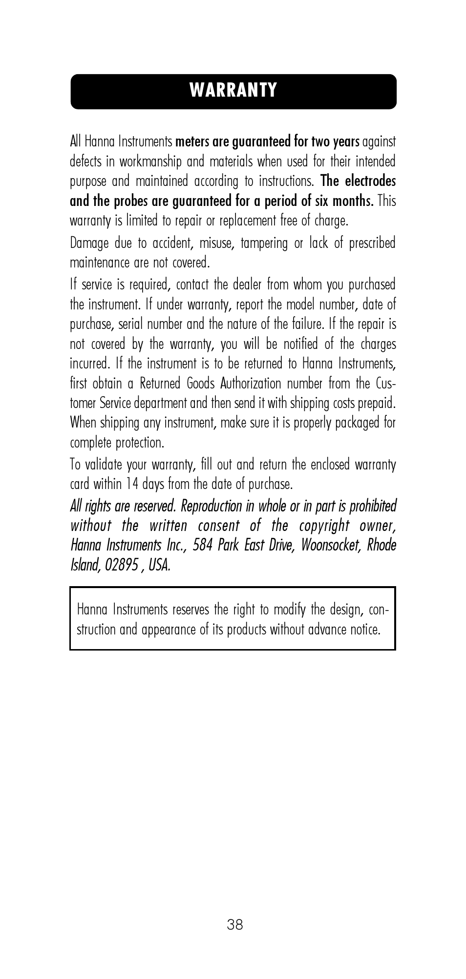 Warranty | Hanna Instruments HI 8521 User Manual | Page 38 / 40