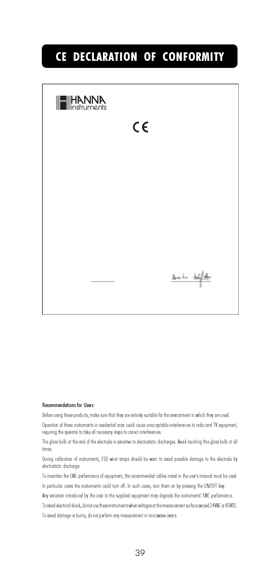 Ce declaration of conformity | Hanna Instruments HI 8521 User Manual | Page 39 / 40