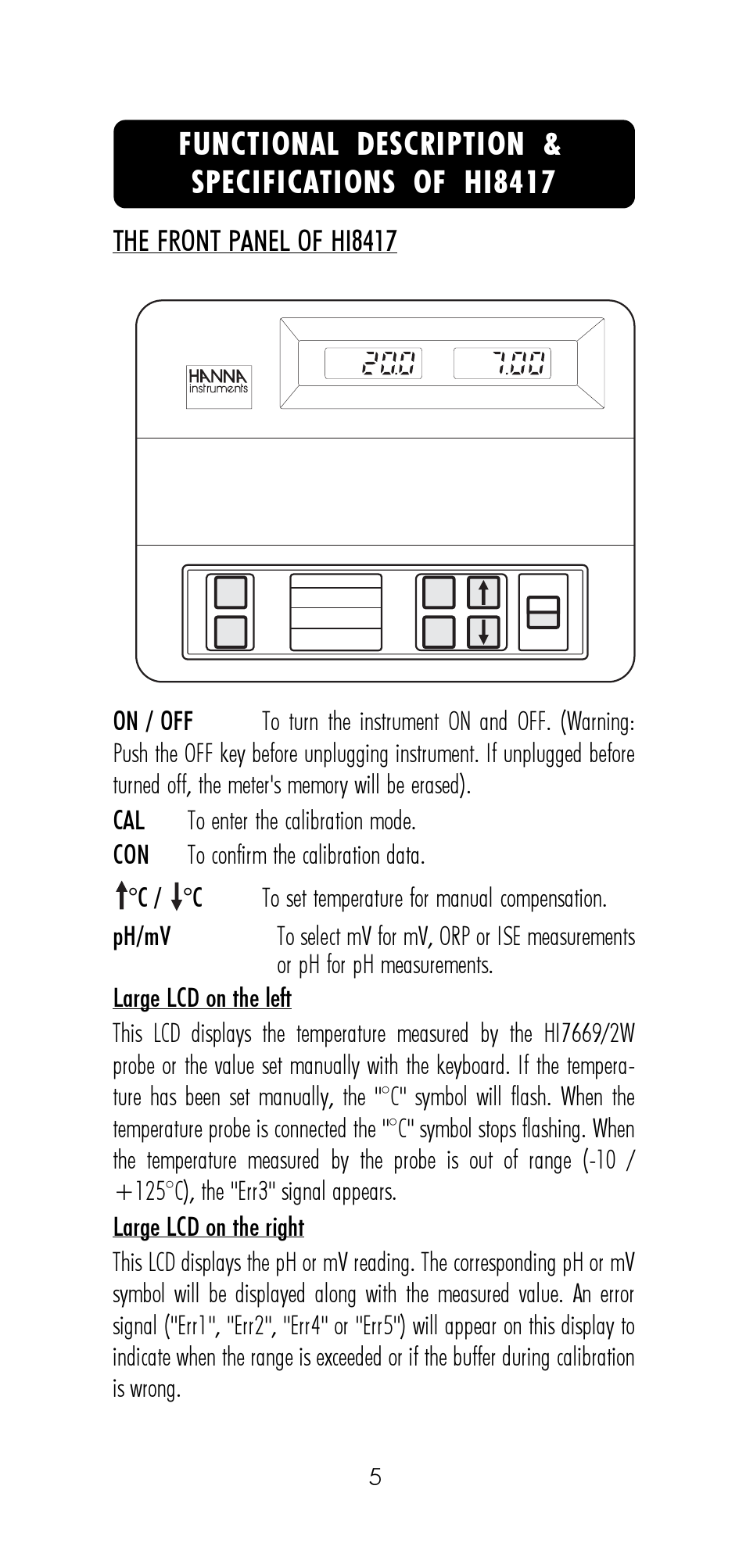 Functional description & specifications of hi8417, The front panel of hi8417 | Hanna Instruments HI 8521 User Manual | Page 5 / 40
