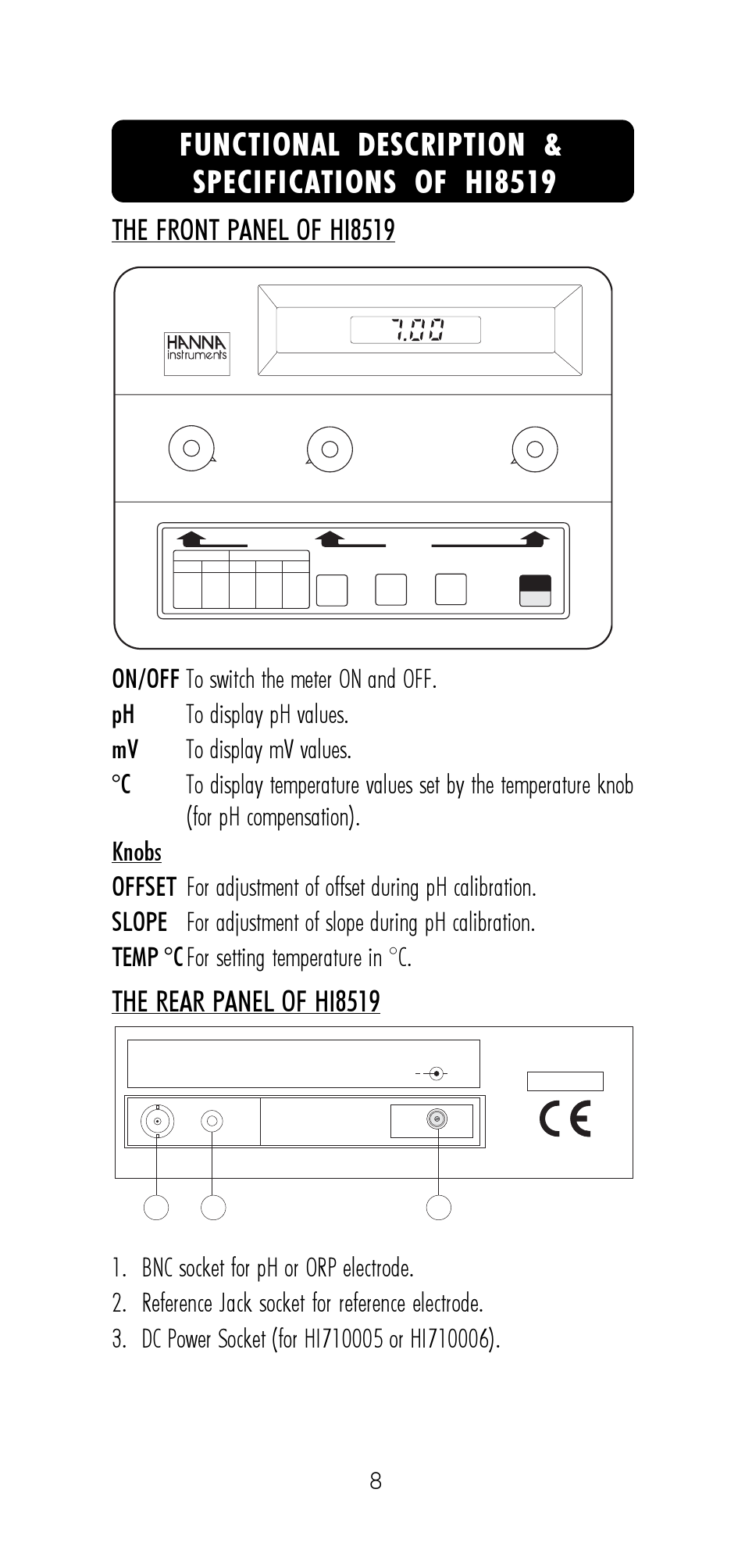 Functional description & specifications of hi8519, The front panel of hi8519, The rear panel of hi8519 | Hanna Instruments HI 8521 User Manual | Page 8 / 40