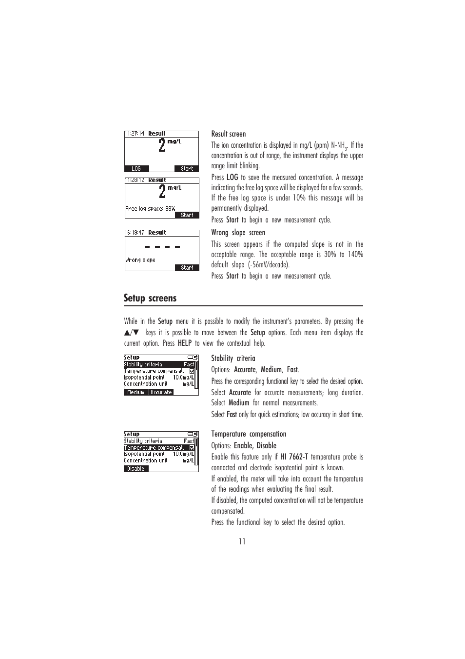 Setup screens | Hanna Instruments HI 84185 User Manual | Page 11 / 24