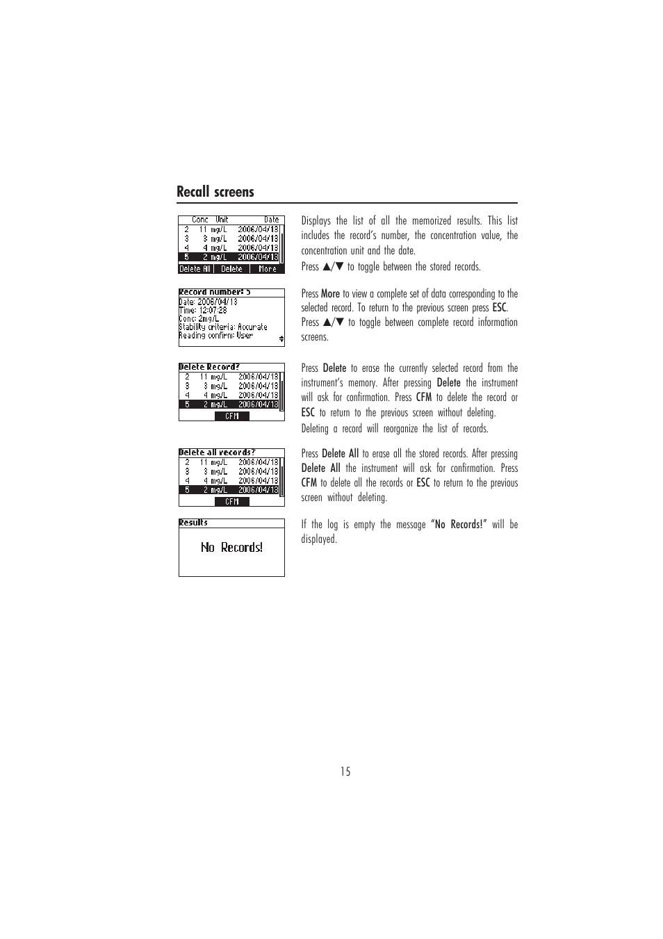 Recall screens | Hanna Instruments HI 84185 User Manual | Page 15 / 24