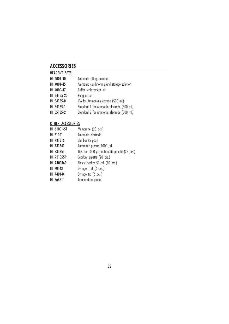 Accessories | Hanna Instruments HI 84185 User Manual | Page 22 / 24
