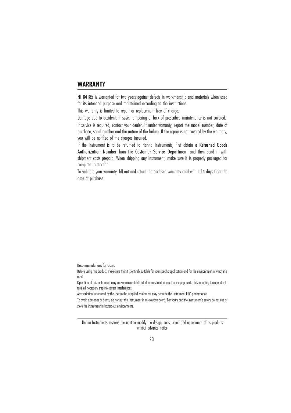 Warranty, Warra (nty | Hanna Instruments HI 84185 User Manual | Page 23 / 24