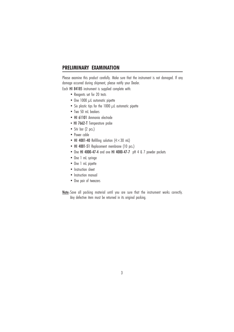 Preliminary examination | Hanna Instruments HI 84185 User Manual | Page 3 / 24