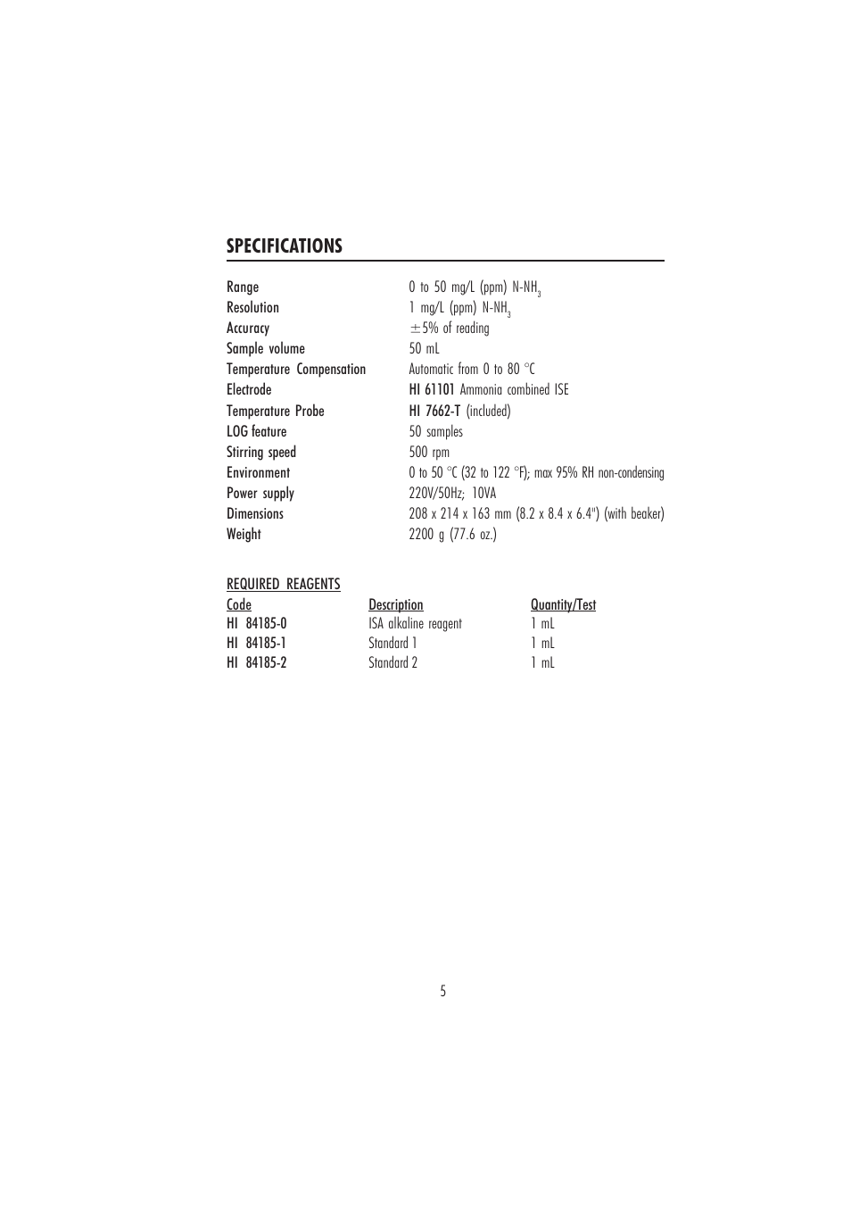 Specifications | Hanna Instruments HI 84185 User Manual | Page 5 / 24