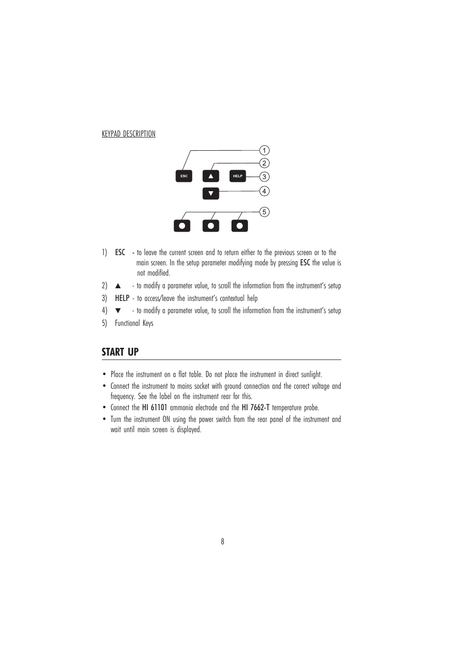 Start up | Hanna Instruments HI 84185 User Manual | Page 8 / 24