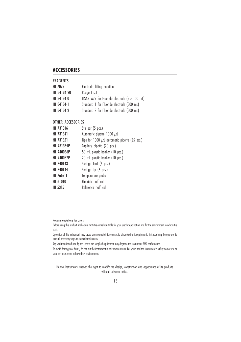 Warra (nty, Accessories | Hanna Instruments HI 84184 User Manual | Page 18 / 20