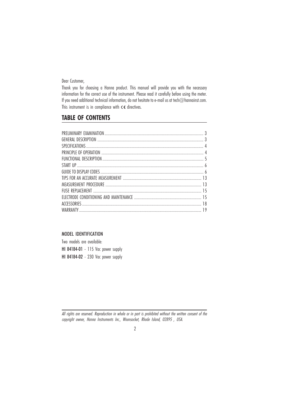 Hanna Instruments HI 84184 User Manual | Page 2 / 20