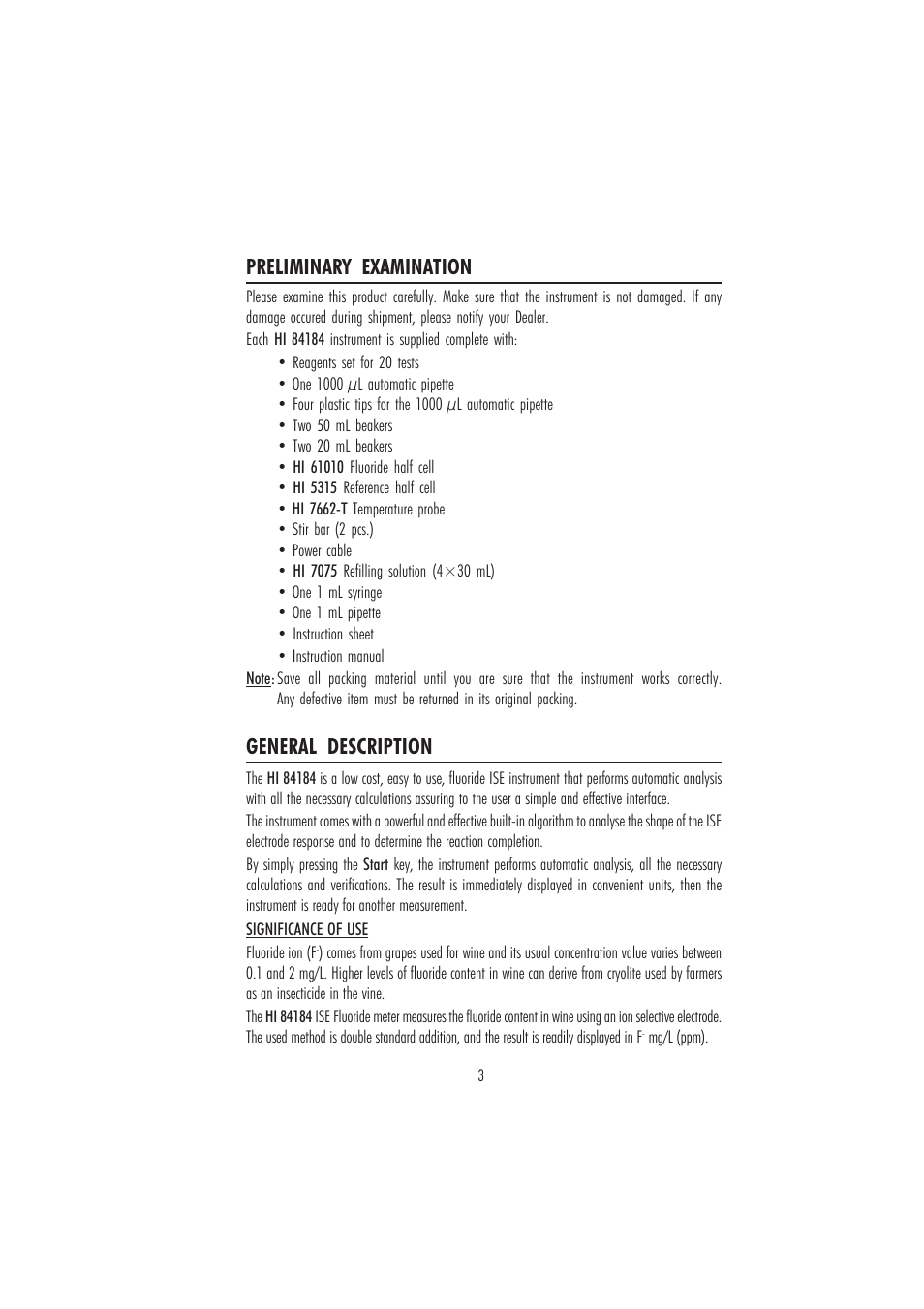 Preliminary examination, General description | Hanna Instruments HI 84184 User Manual | Page 3 / 20