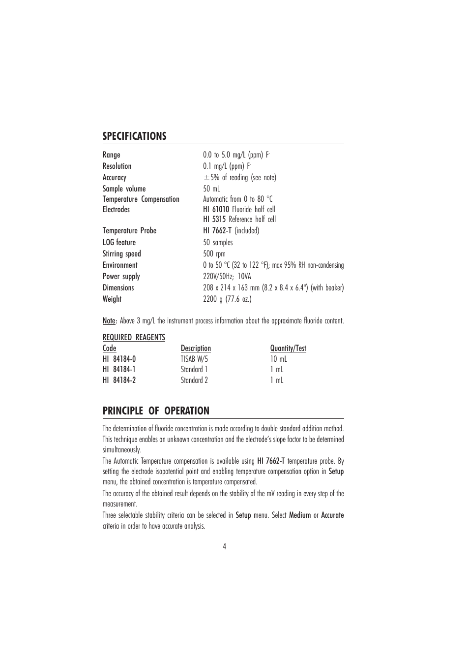 Principle of operation, Specifications | Hanna Instruments HI 84184 User Manual | Page 4 / 20