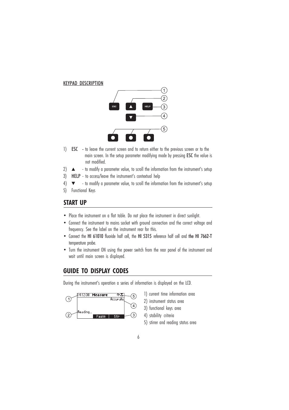 Guide to display codes, Start up | Hanna Instruments HI 84184 User Manual | Page 6 / 20