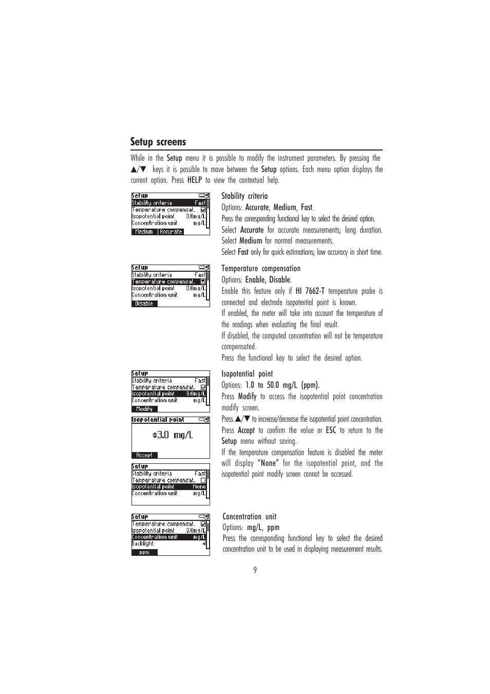 Setup screens | Hanna Instruments HI 84184 User Manual | Page 9 / 20