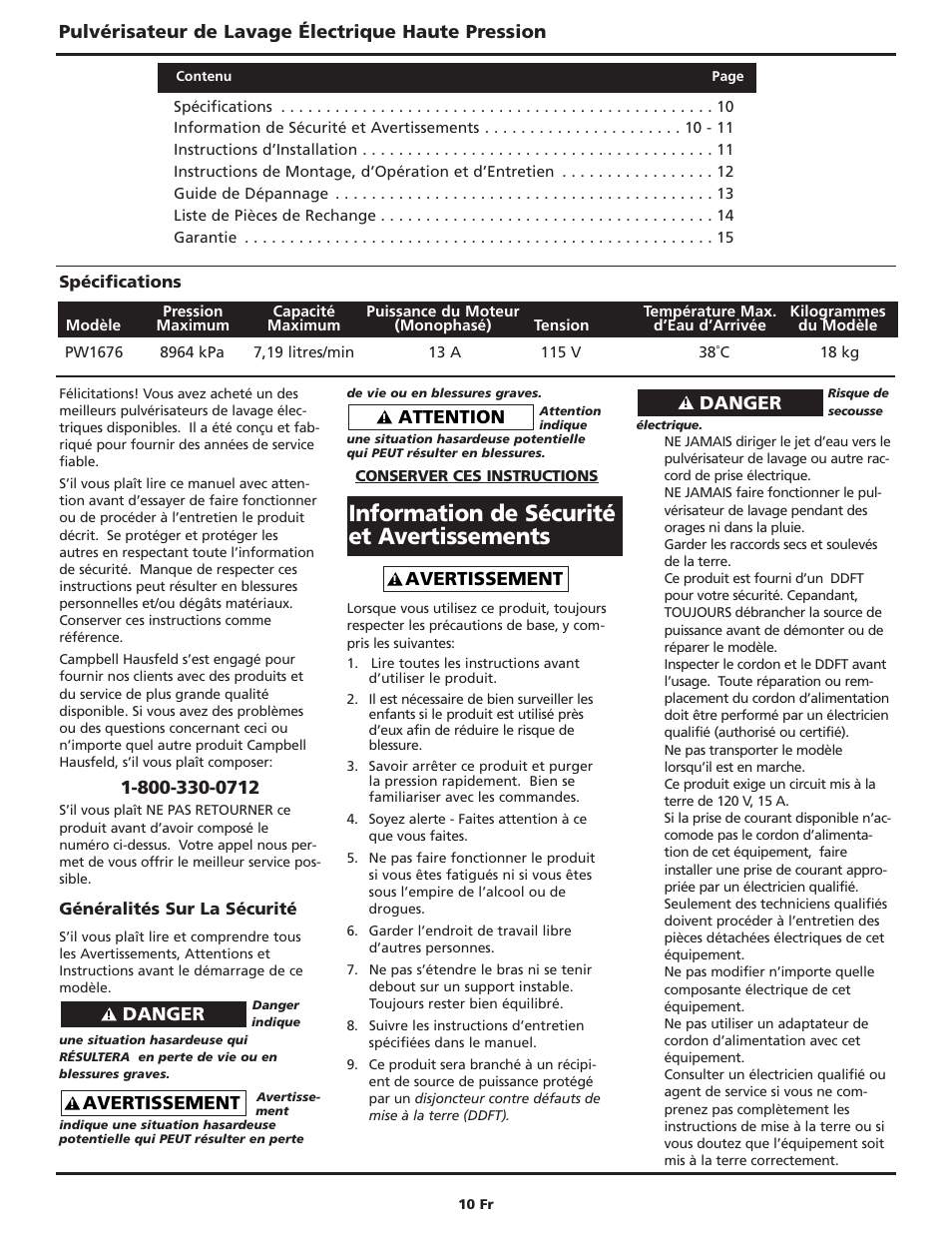 Information de sécurité et avertissements, Avertissement, Danger | Attention, Pulvérisateur de lavage électrique haute pression | Campbell Hausfeld CAMPBELL PW167600AV User Manual | Page 10 / 24