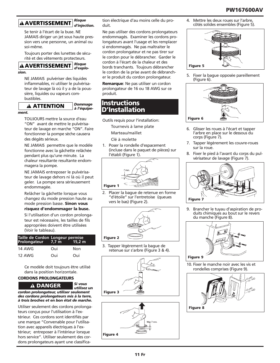 Instructions d’installation, Danger, Attention | Avertissement | Campbell Hausfeld CAMPBELL PW167600AV User Manual | Page 11 / 24