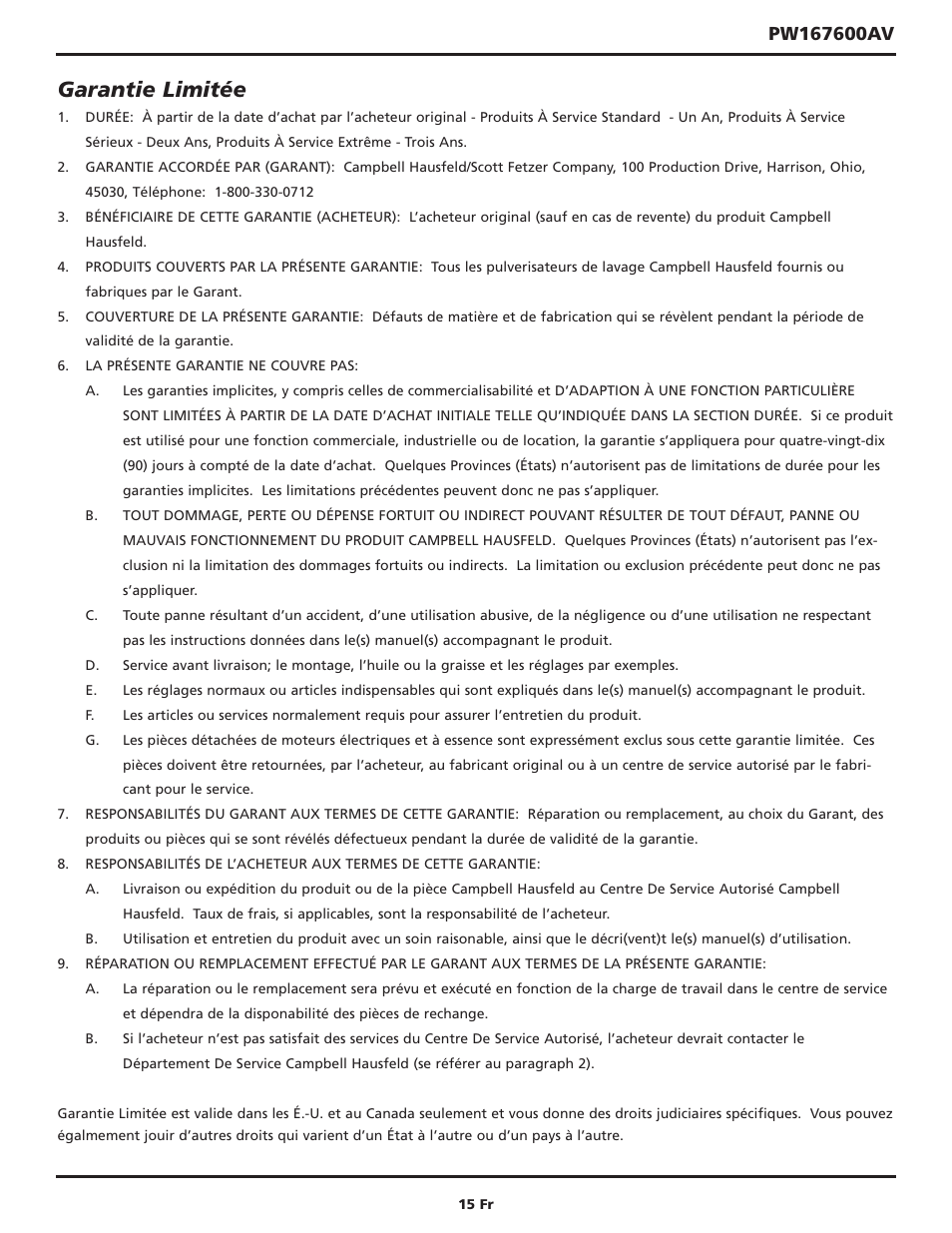 Garantie limitée | Campbell Hausfeld CAMPBELL PW167600AV User Manual | Page 15 / 24