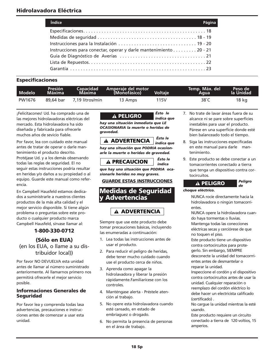 Medidas de seguridad y advertencias, Hidrolavadora eléctrica, Advertencia | Precaucion, Peligro | Campbell Hausfeld CAMPBELL PW167600AV User Manual | Page 18 / 24