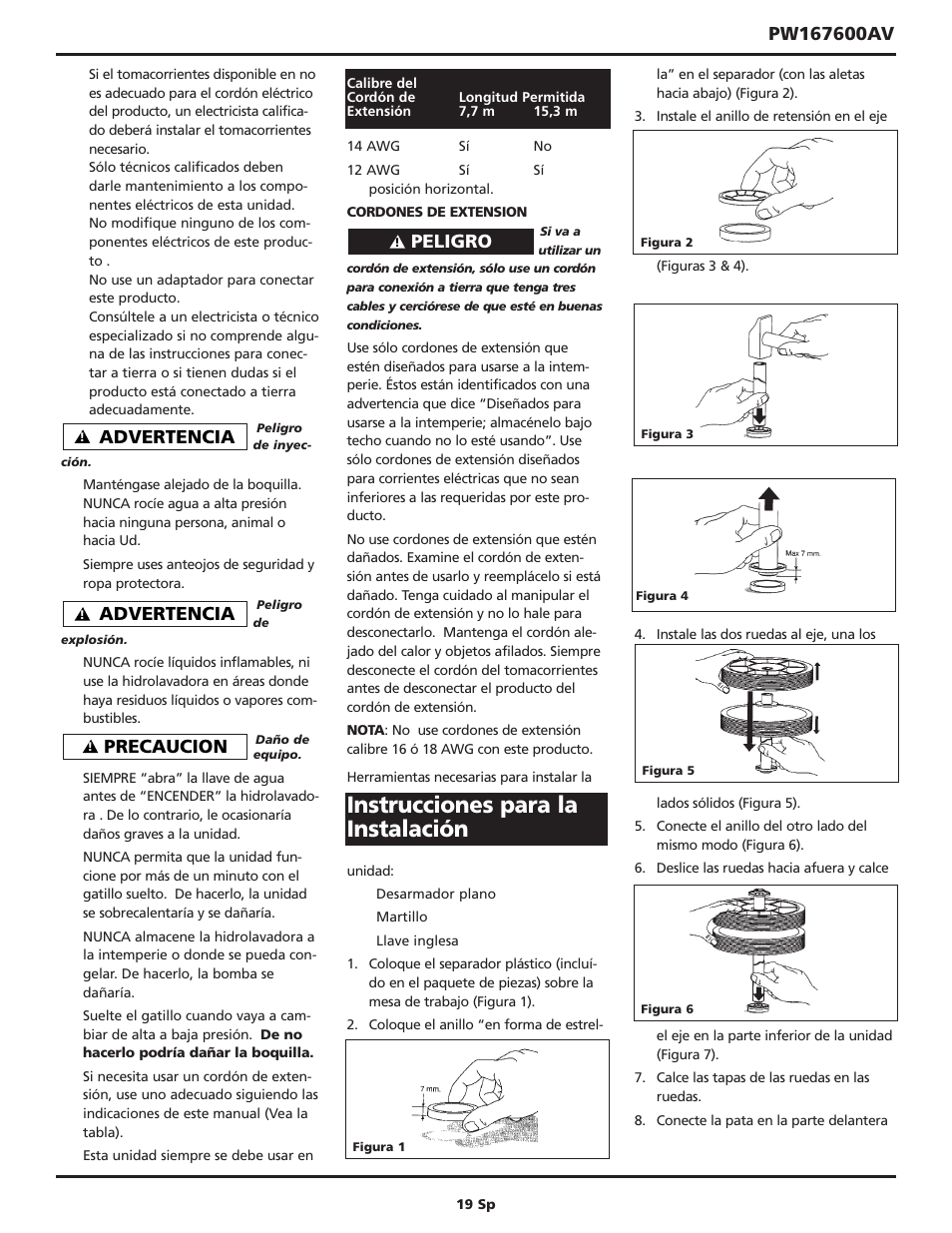 Instrucciones para la instalación, Precaucion, Advertencia | Peligro | Campbell Hausfeld CAMPBELL PW167600AV User Manual | Page 19 / 24