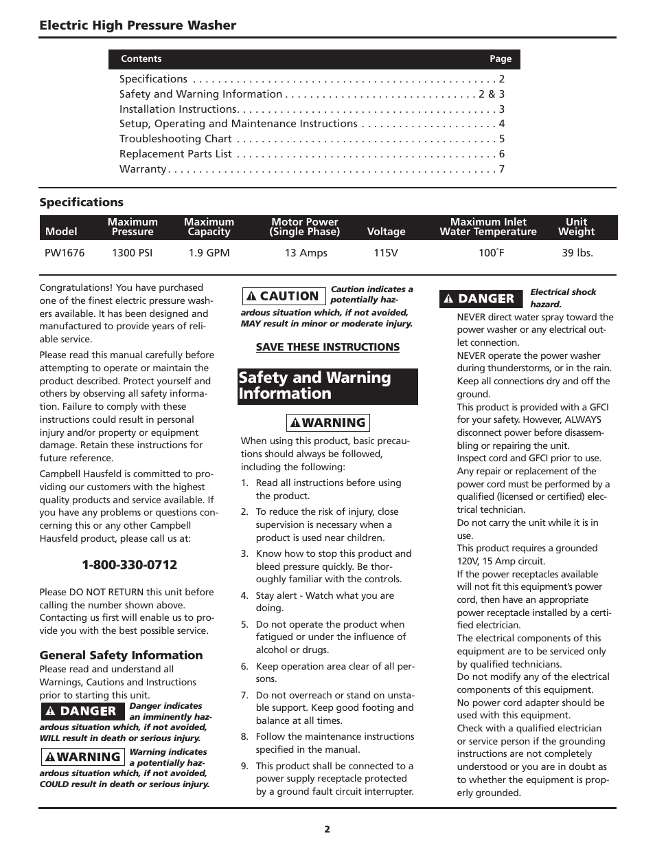 Safety and warning information, Electric high pressure washer | Campbell Hausfeld CAMPBELL PW167600AV User Manual | Page 2 / 24