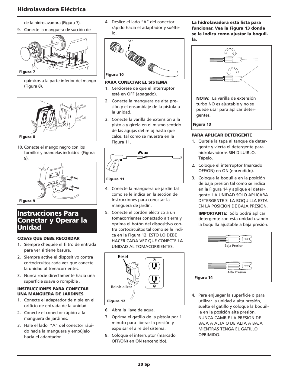 Instrucciones para conectar y operar la unidad, Hidrolavadora eléctrica | Campbell Hausfeld CAMPBELL PW167600AV User Manual | Page 20 / 24