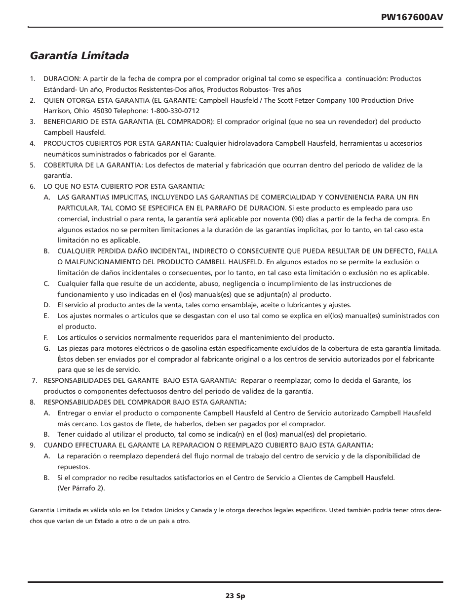 Garantía limitada | Campbell Hausfeld CAMPBELL PW167600AV User Manual | Page 23 / 24