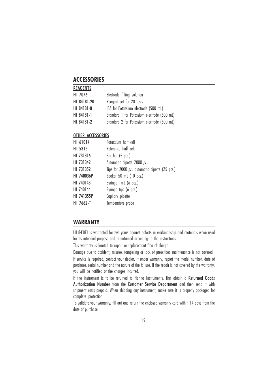 Accessories warranty | Hanna Instruments HI 84181 User Manual | Page 19 / 20