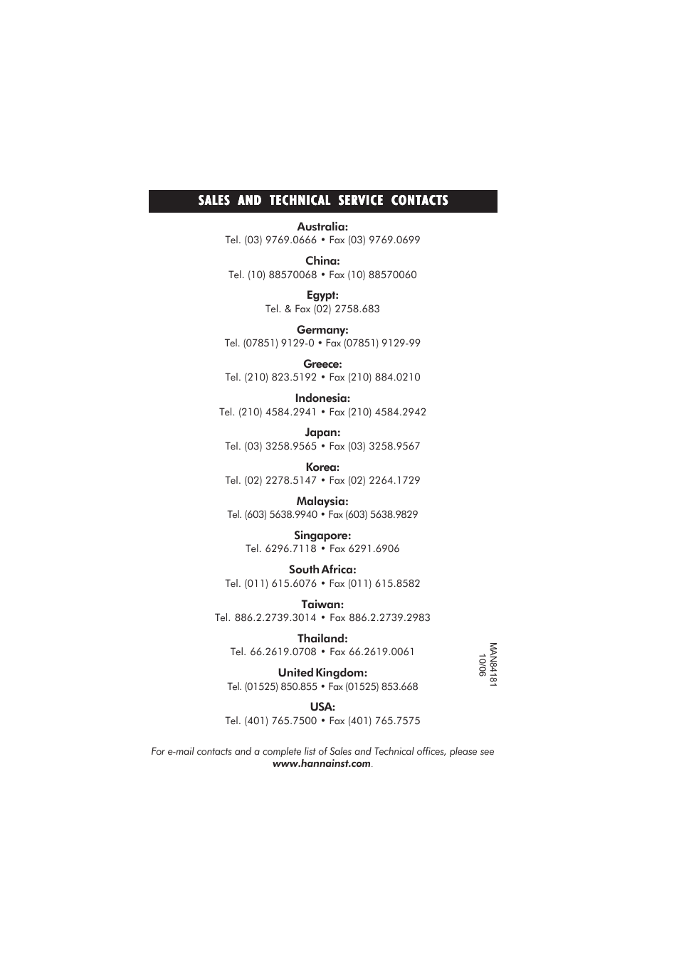 Sales and technical service contacts | Hanna Instruments HI 84181 User Manual | Page 20 / 20