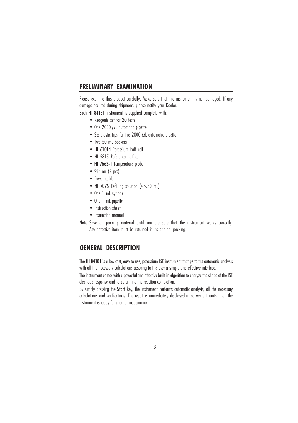 Preliminary examination, General description | Hanna Instruments HI 84181 User Manual | Page 3 / 20