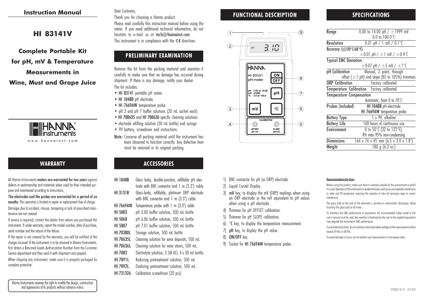 Hanna Instruments HI 83141V User Manual | 2 pages