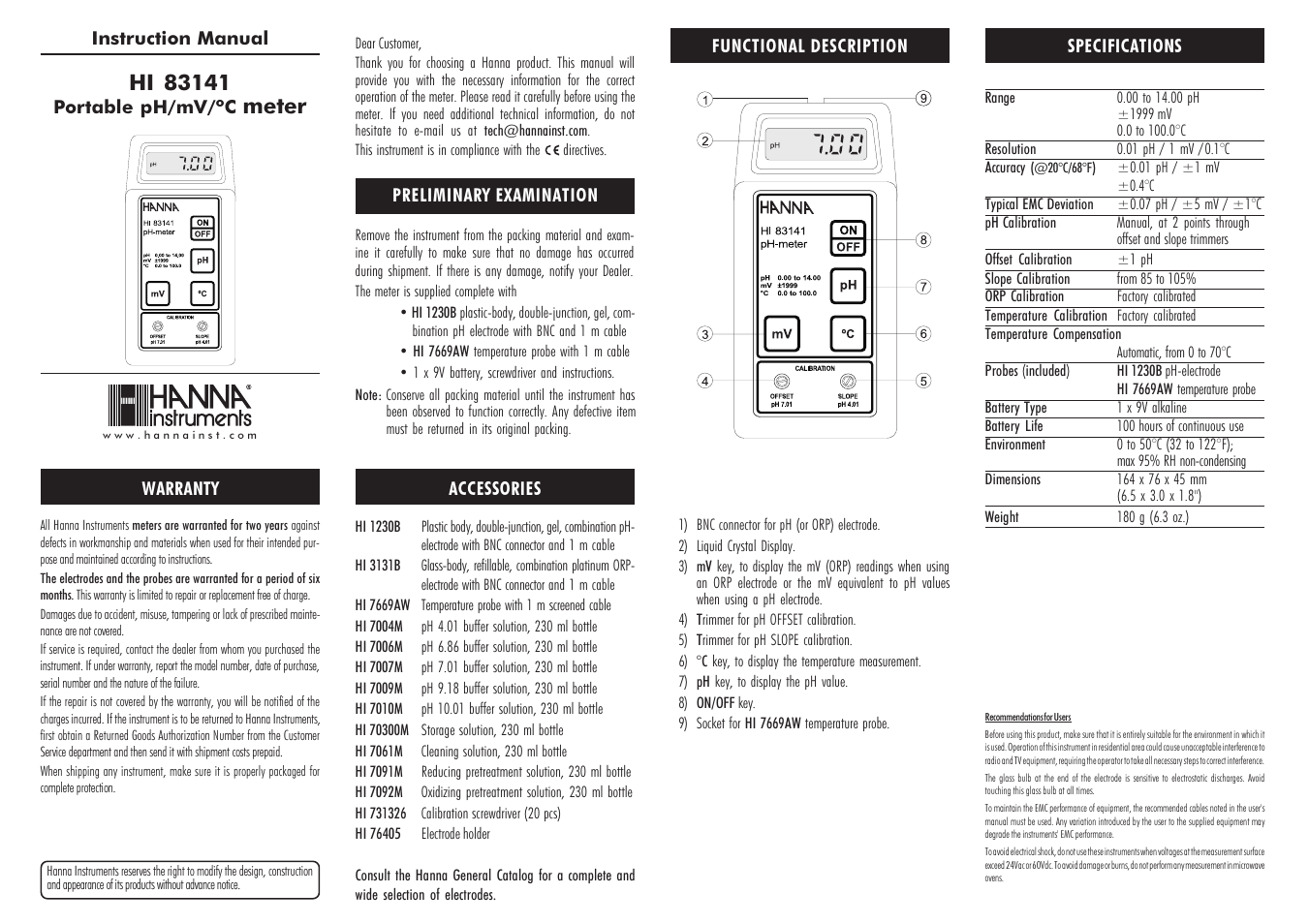 Hanna Instruments HI 83141 User Manual | 2 pages