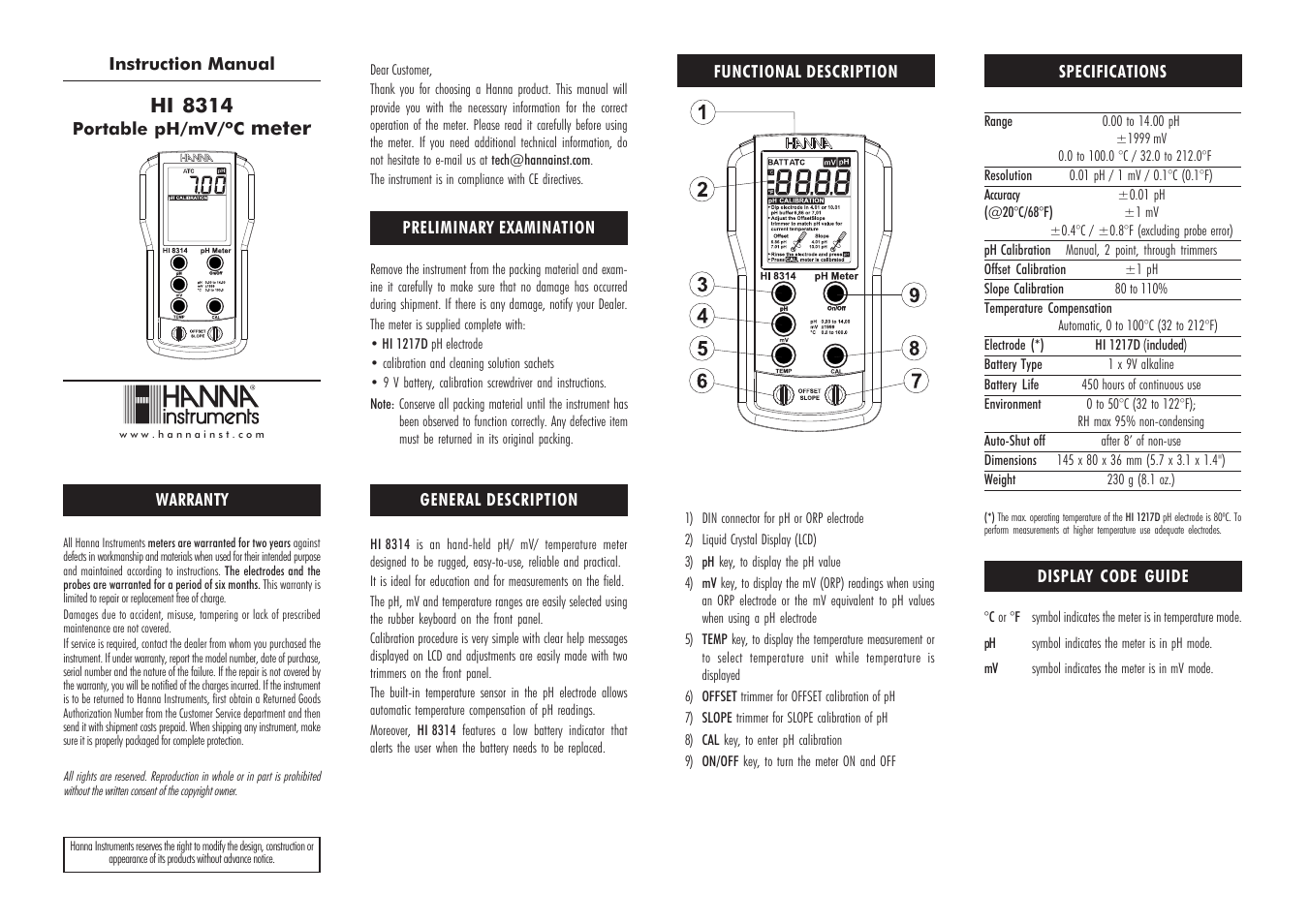 Hanna Instruments HI 8314 User Manual | 2 pages