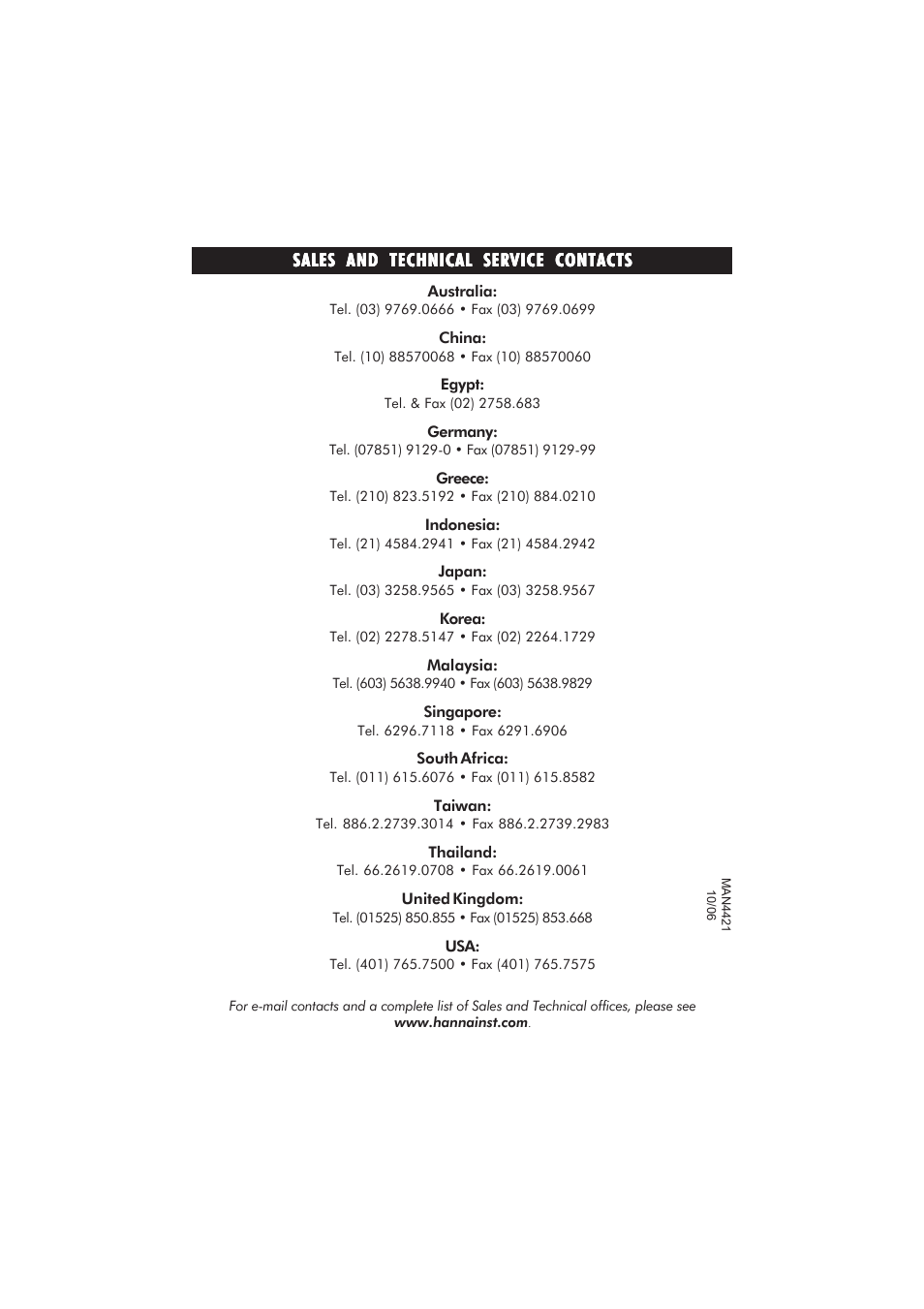 Sales and technical service contacts | Hanna Instruments HI 4421 User Manual | Page 56 / 56
