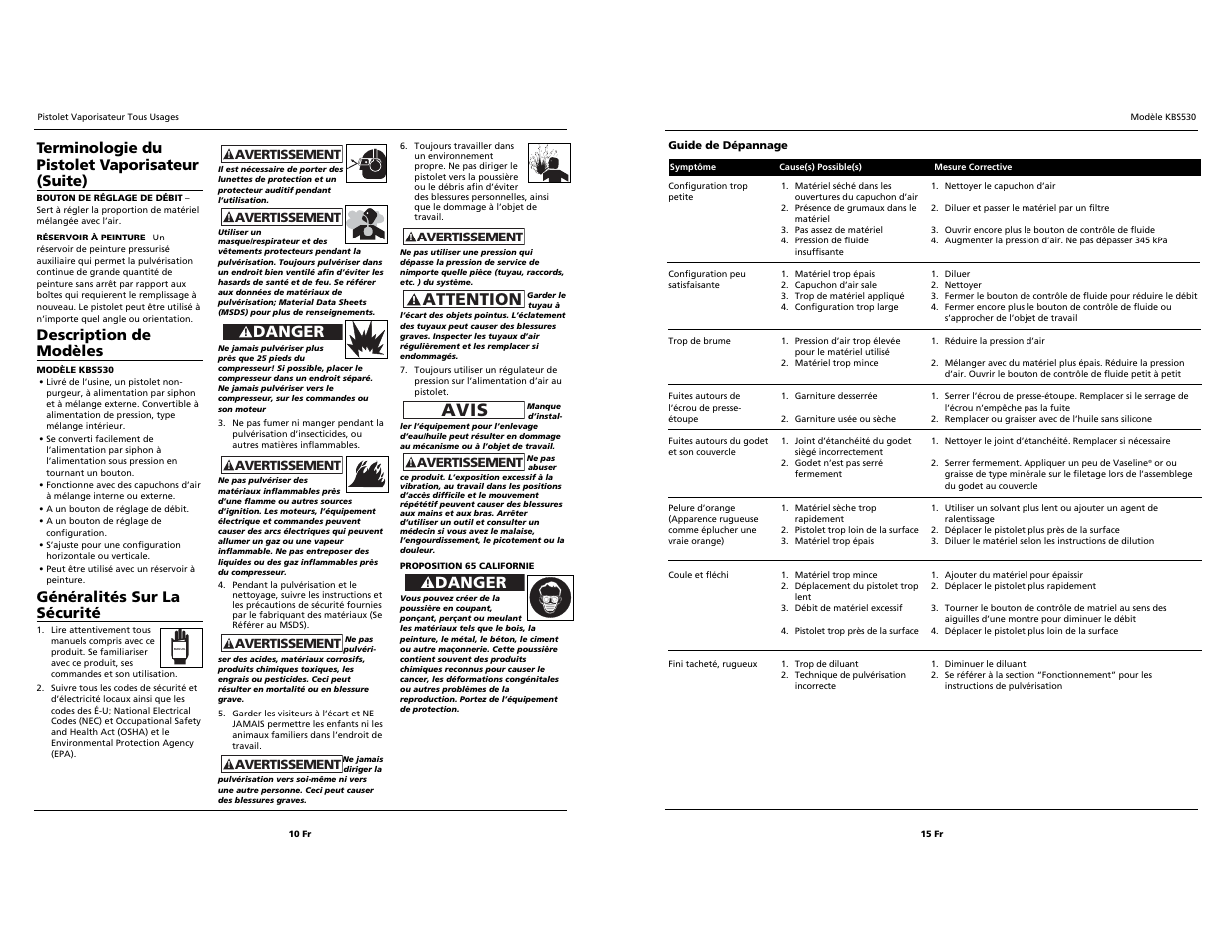 Avis, Attention, Danger | Terminologie du pistolet vaporisateur (suite), Description de modèles, Généralités sur la sécurité | Campbell Hausfeld KBS530 User Manual | Page 10 / 12