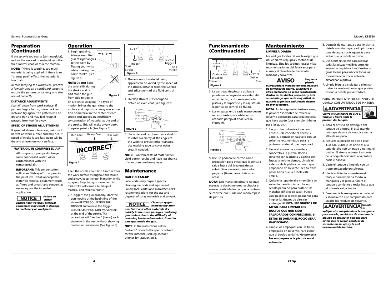 Incorrect, Aviso, Funcionamiento (continuación) | Mantenimiento, Advertencia, Advertencia operation, Maintenance, Notice preparation (continued), Notice | Campbell Hausfeld KBS530 User Manual | Page 4 / 12