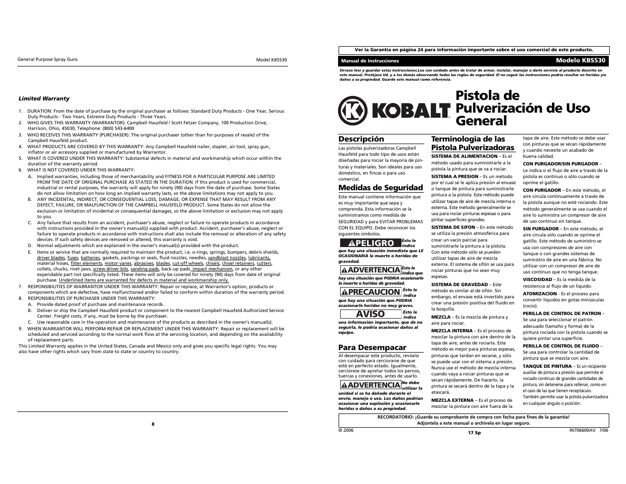 Pistola de pulverización de uso general, Aviso, Peligro | Precaucion, Medidas de seguridad, Para desempacar, Advertencia, Terminologia de las pistola pulverizadoras, Descripción | Campbell Hausfeld KBS530 User Manual | Page 8 / 12