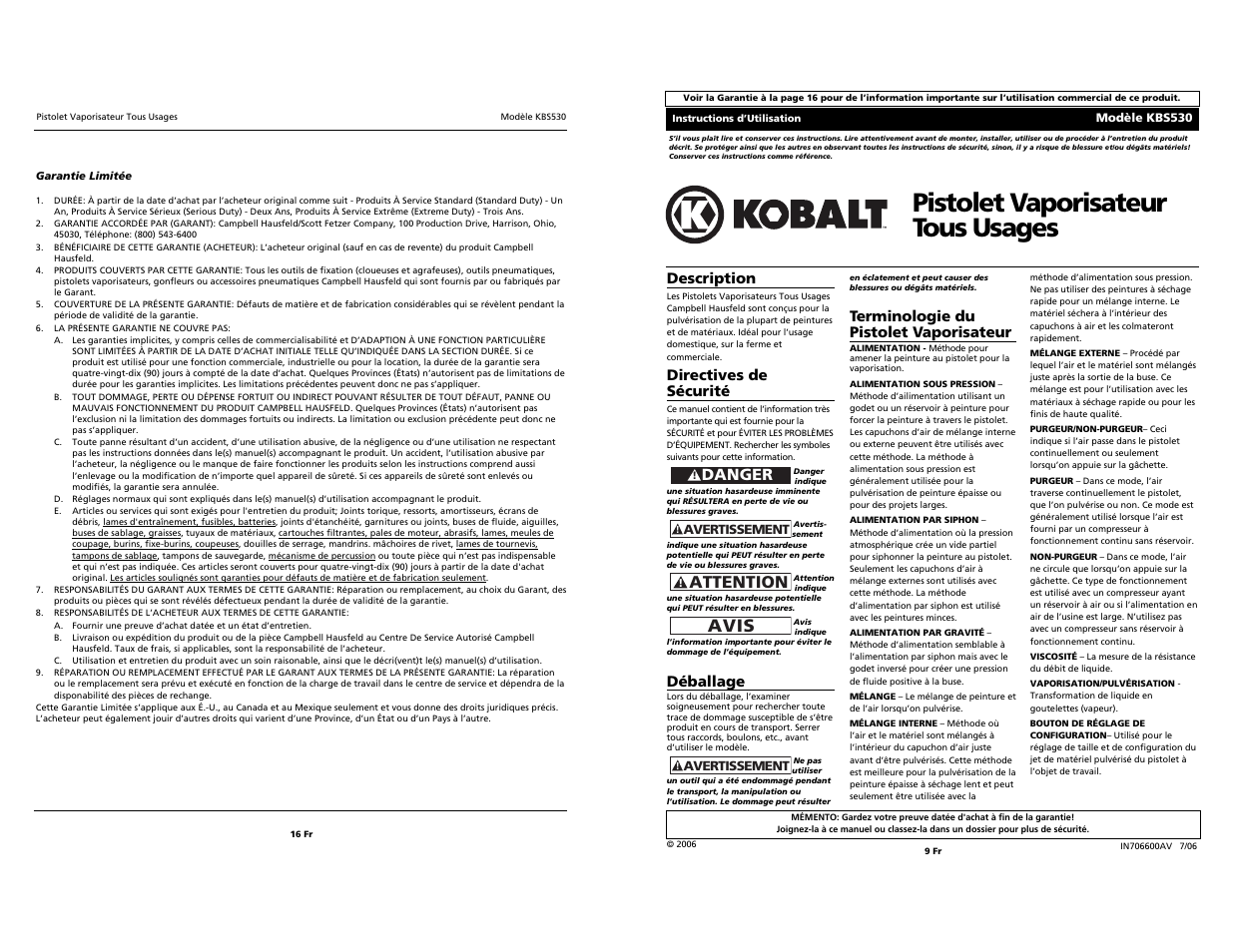 Pistolet vaporisateur tous usages, Avis, Attention | Danger, Directives de sécurité, Déballage, Terminologie du pistolet vaporisateur, Description | Campbell Hausfeld KBS530 User Manual | Page 9 / 12