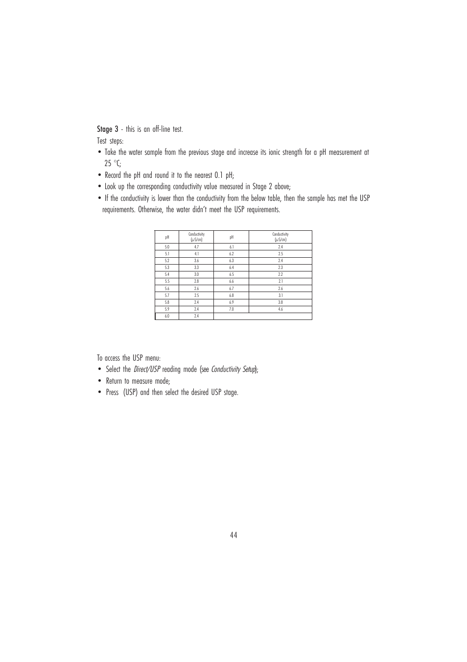 Direct/usp, Conductivity, Setup | Reading mode (see | Hanna Instruments HI 4321 User Manual | Page 44 / 60